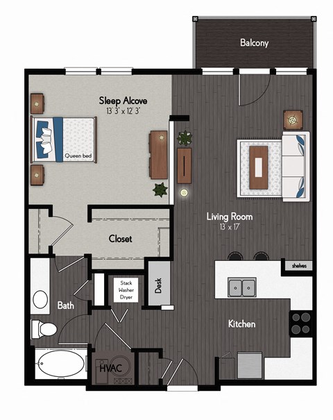 Floor plan for 1 bed, 1 bath, 836 sqft